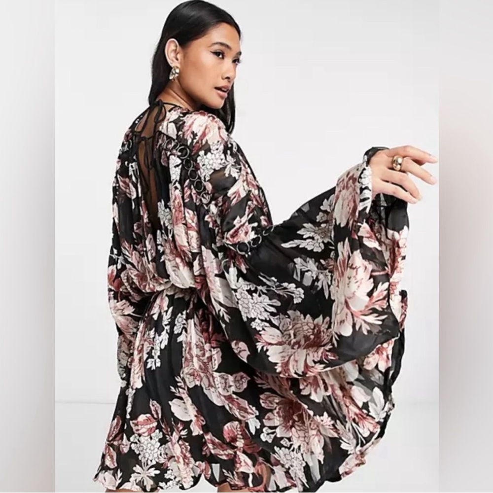 NWT ASOS satin stripe blouson mini dress with ring detail in floral print 12